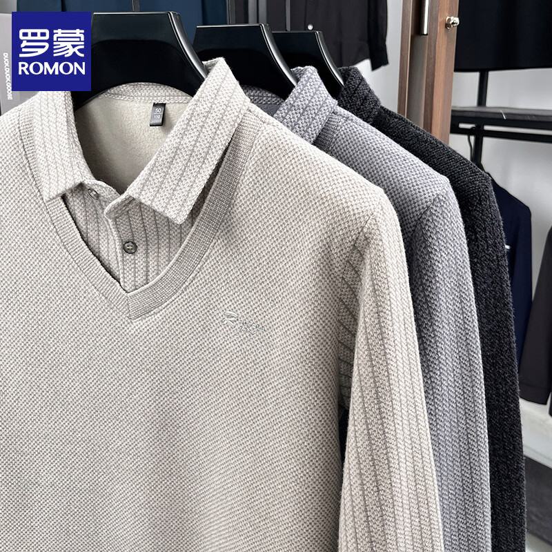 罗蒙（ROMON）仿雪貂绒假两件加绒毛衣2025秋冬季新款保暖男士打底针织衫上衣 222灰色 3XL （建议体重155-170斤）