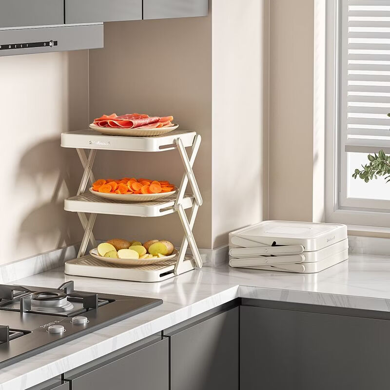 咏幻可折叠火锅食材架子厨房备菜置物架多功能收纳神器多层台面配菜盘 [奶白]三层+3个装 折叠空间备菜架/释放空间/折叠菜架