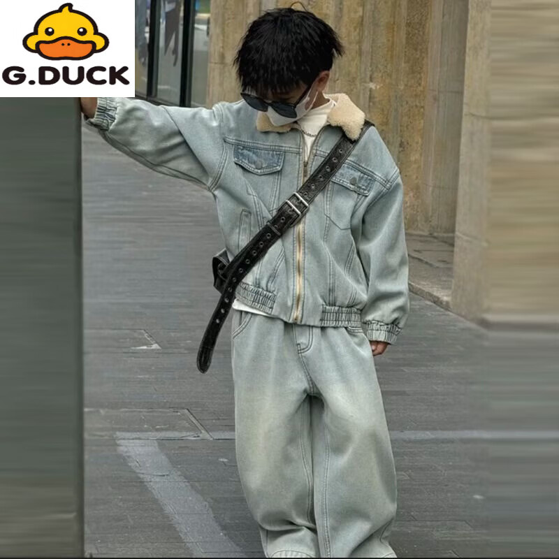 G.duck男女童加绒牛仔套装2025冬季新款洋气中大童加厚外套长裤两件套 牛仔套装 加绒 160