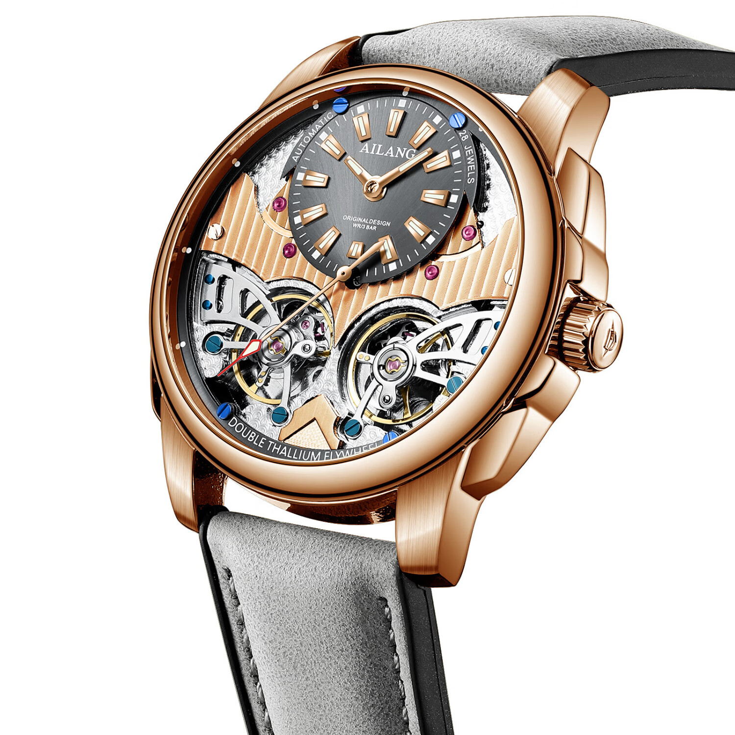 艾浪2026新款双子星男士全自动机械表潮玩高端商务品牌腕表礼物高级感 炽玫金-灰色皮带【高定礼盒+送皮带】 42mm