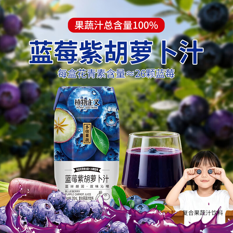植物主义蓝莓果汁12瓶整箱100%果汁花青素26颗蓝莓紫胡萝卜复合果蔬汁饮料 蓝莓果蔬汁210ML*12瓶整箱（100%果汁）