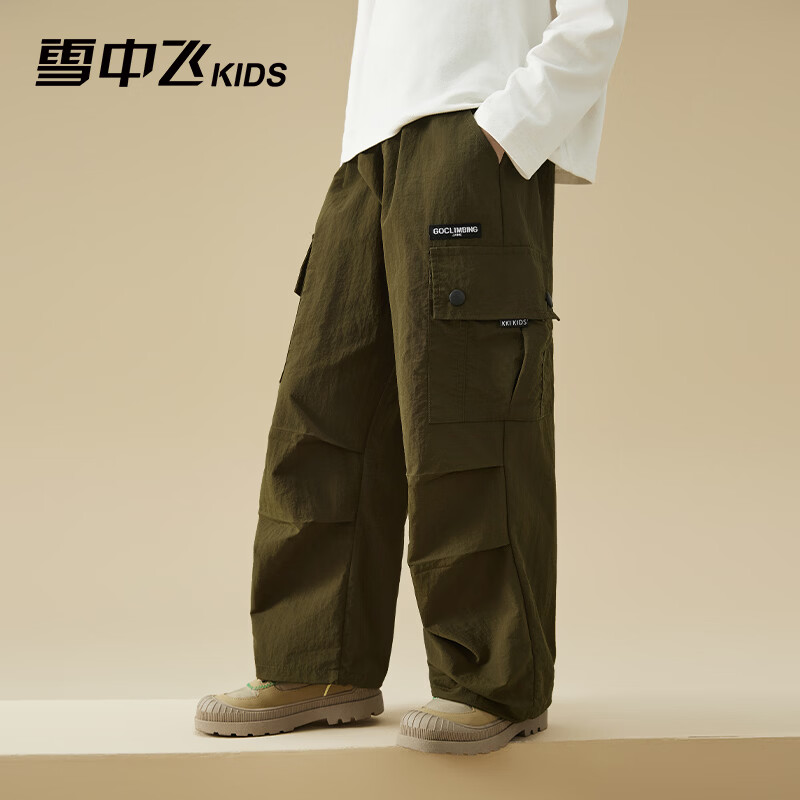雪中飞(SNOWFLYING)儿童裤子2026春季新款男女童百搭休闲户外运动宽松工装裤 橄榄绿 170