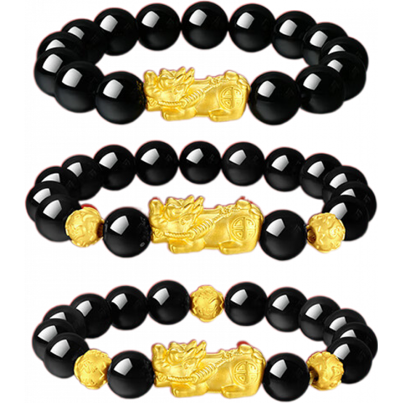 周大生【新年禮物】黃金貔貅黑曜石手串男瑪瑙馬年本命年送男士禮物 三顆金珠+12mm黑曜石【約4.3g】