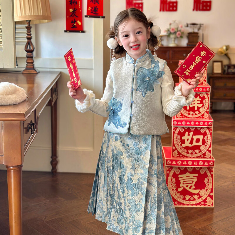 栀了成长记女童装国风撞色马甲套装2025冬季新中式淡雅加厚两件套 蓝色 套装 100 cm