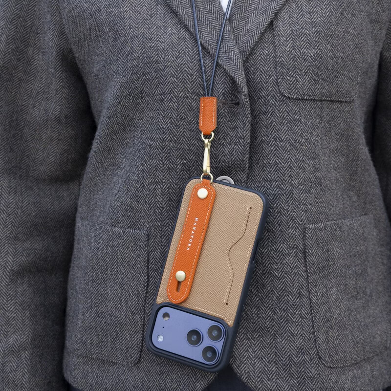 花虎（HANATORA）苹果17/16/15Promax手机壳新款日式真皮iPhone15/14pro高端全包防摔腕带挂绳带支架卡包男女款Air 【风衣灰+橙】配挂脖绳 iPhone 17 Pro