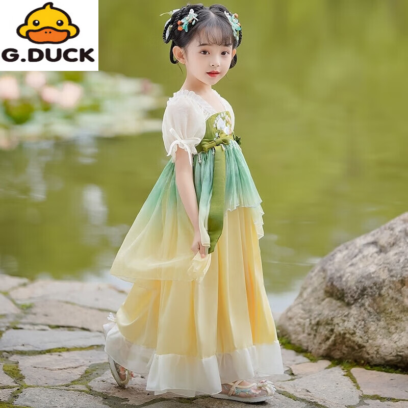 G.duck中国风儿童汉服襦裙超仙夏季连衣裙女孩公主裙儿童古风古装演出服 遥清儿童汉服连衣裙(收藏送礼品) 120