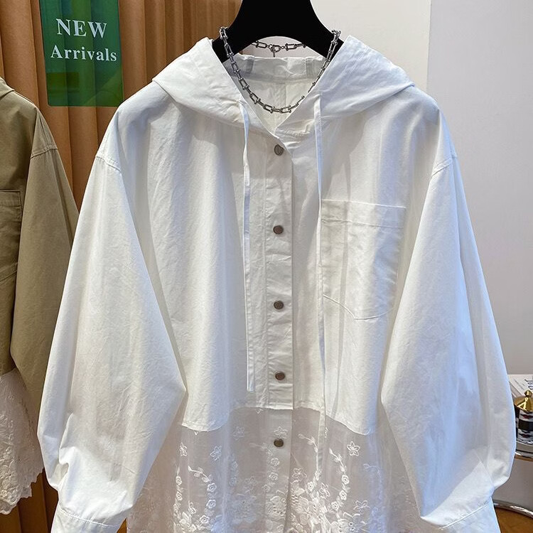 LOOK LOOK蕾丝拼接连帽衬衫女 2025秋季宽松长袖 简约上衣外套 5XL (120)