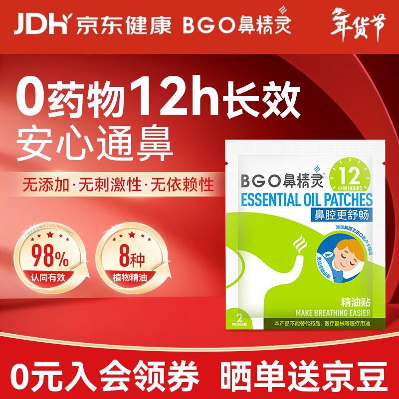 鼻精灵BGO通鼻贴精油舒鼻贴鼻子不通气睡眠炎塞堵鼻通试用2贴(1袋)
