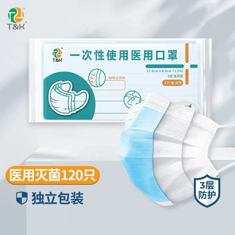 泰恩康 泰恩康一次性医用口罩灭菌级成人三层含熔喷布透气男女学生防尘 医用口罩蓝色【独立包装】共120只