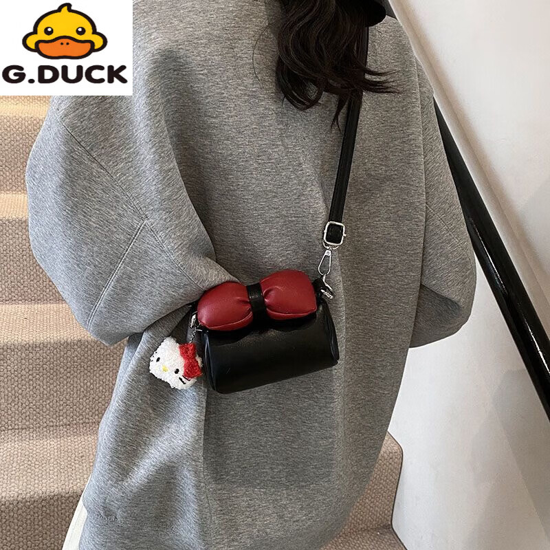 G.duck新款韩版儿童包女童红色蝴蝶结拜年水桶包可爱猫咪女孩公主斜挎包 白色
