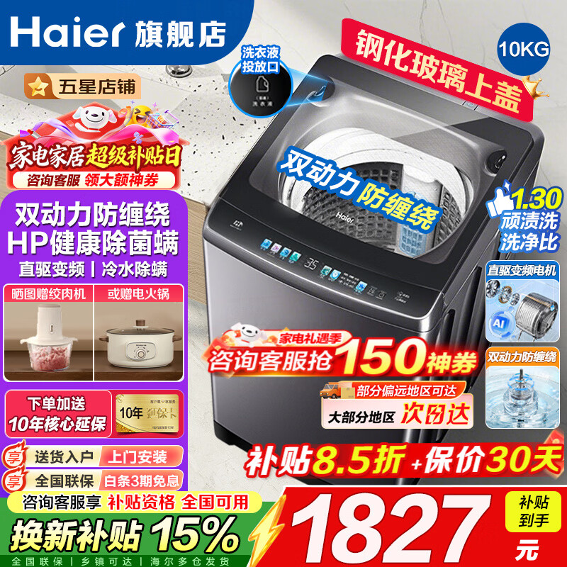 海尔（Haier）10公斤新品直驱双动力【云溪4.0】旗舰款波轮洗衣机家用变频全自动防缠绕特色顽渍洗羽绒洗 60E爆款 波轮 双动力+七维减震+直驱电机+电离除菌