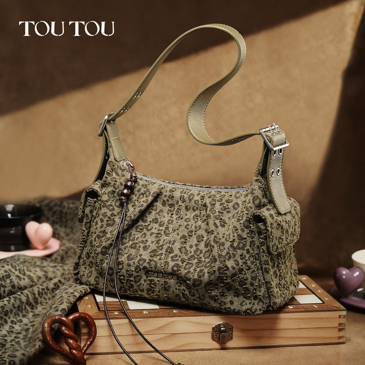 toutou豹纹腋下包多口袋单肩机车包送闺蜜送女友生日送礼 灰豆绿