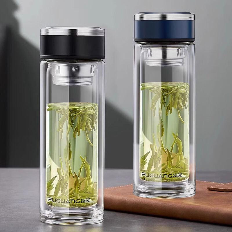 富光 玻璃杯 双层玻璃泡茶杯子 带过滤网水杯 男女士车载办公便携水杯 400ml蓝色【不锈钢回流盖】