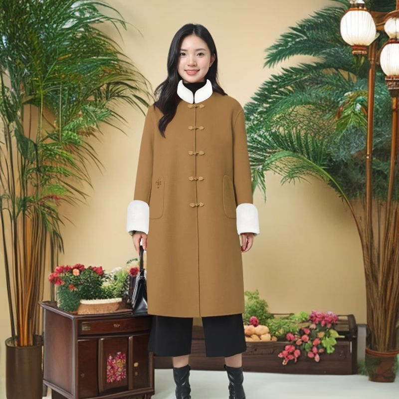 2025秋冬新款冬季双面毛呢大衣妈妈大衣羊毛宽松长款外套专利产品 红色2， 厚款， 喜欢胸花下单请备注 2XL (170) 建议净胸围96在毛衣外穿