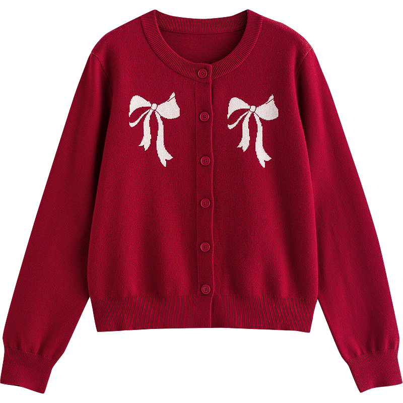 初语蝴蝶结提花针织衫女2026春季新款新年红柔软圆领开衫外套上衣 新年红 XL