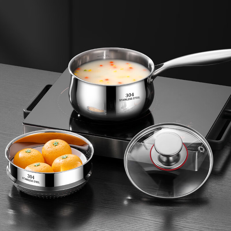 思美雅奶锅304不锈钢小奶锅不粘锅无涂层食品级婴儿辅食锅蒸煮一体+蒸笼 【母婴级奶锅+蒸格】 双层 18cm