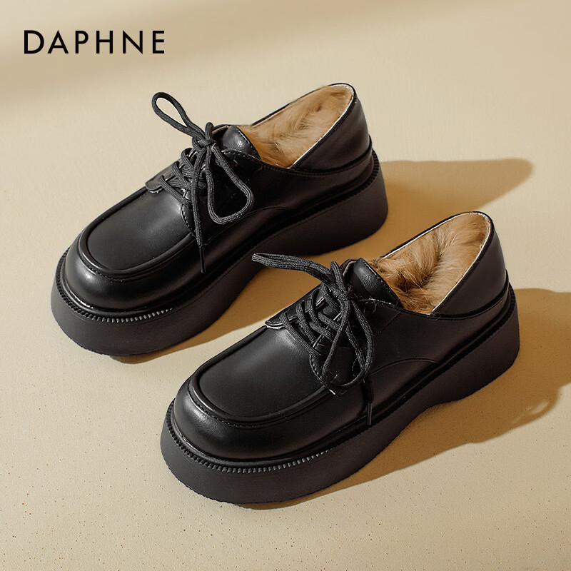 达芙妮加绒小皮鞋女2025秋冬复古毛毛单鞋美拉德风厚底保暖乐福鞋 黑色【加绒款】 36