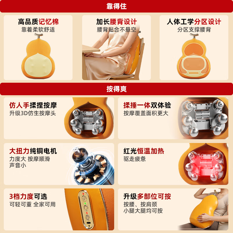 乐尔康（Le er kang）S6腰部按摩器肩颈腿背按摩仪无线多功能按摩揉捏热敷葫芦办公靠枕腰靠送长辈生日礼物男女 【Pro揉锤款礼盒】3档力度+3种模式+记忆棉加热