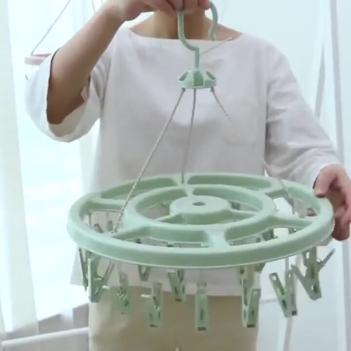 【厂家直供】成人袜子晾晒塑料32衣架防风儿童家用多功能架子多夹 圆形衣架-粉色-18夹-1个