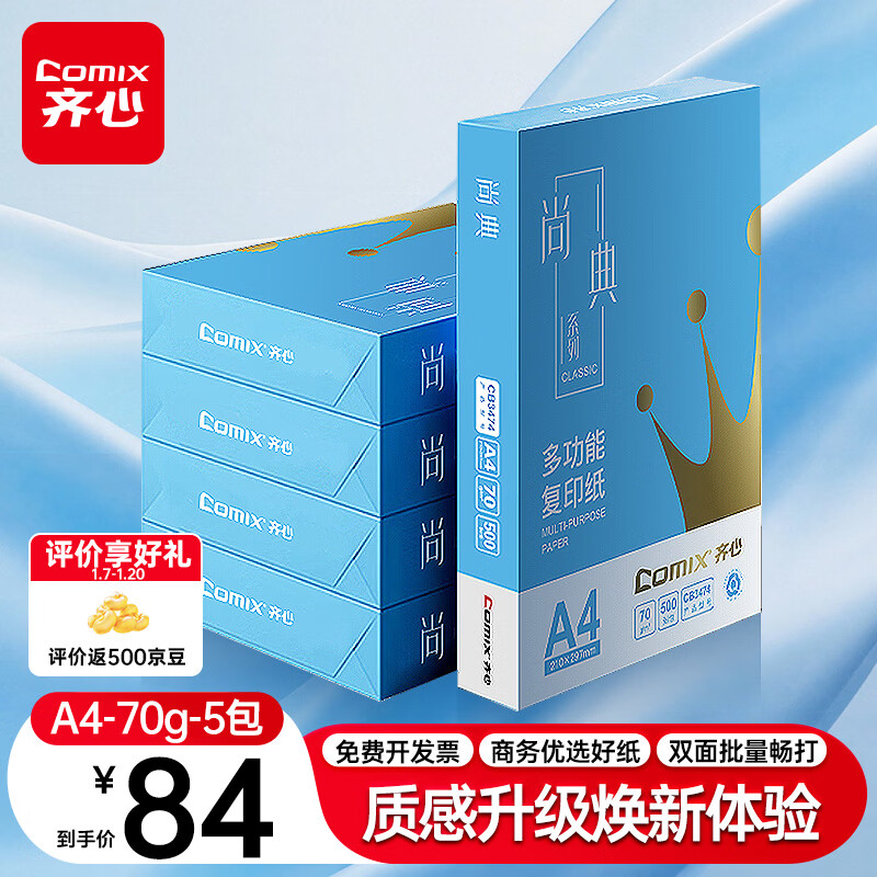 齐心（COMIX）蓝尚典A4打印纸 70g 500张*5包 双面顺滑畅打a4复印纸 采购优选品质升级 整箱2500张【品质新品】