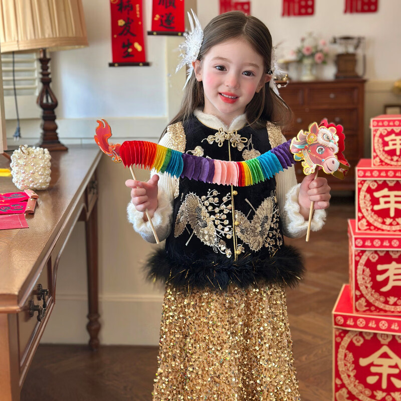 栀了成长记童装女童国风唐装上衣2025冬季儿童新中式拼色夹棉马甲 黑色 马甲 100