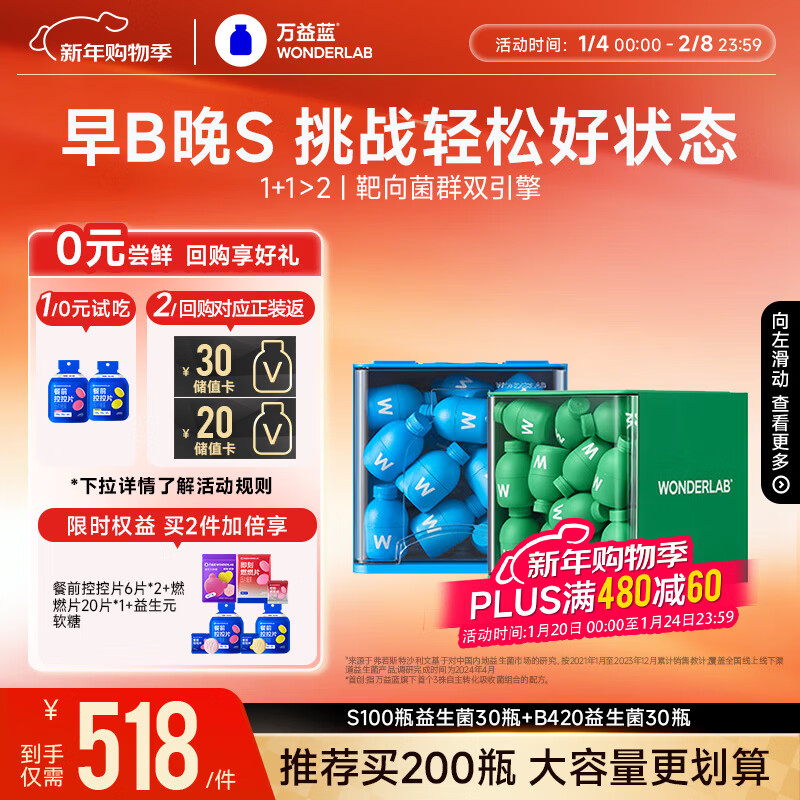 万益蓝WonderLab 早B晚S组合30瓶+30瓶 B420益生菌S100益生元棕色脂肪