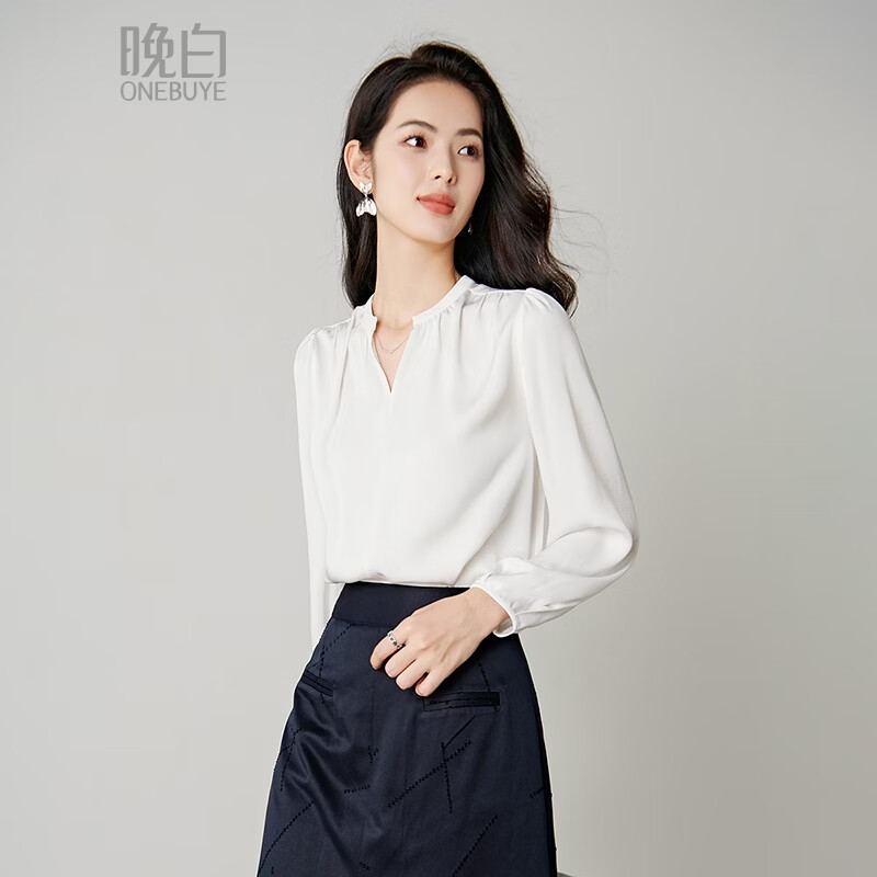 晚白【断码清仓】优雅轻熟风V领衬衣细腻垂顺不易皱免烫通勤衬衫 白色 L