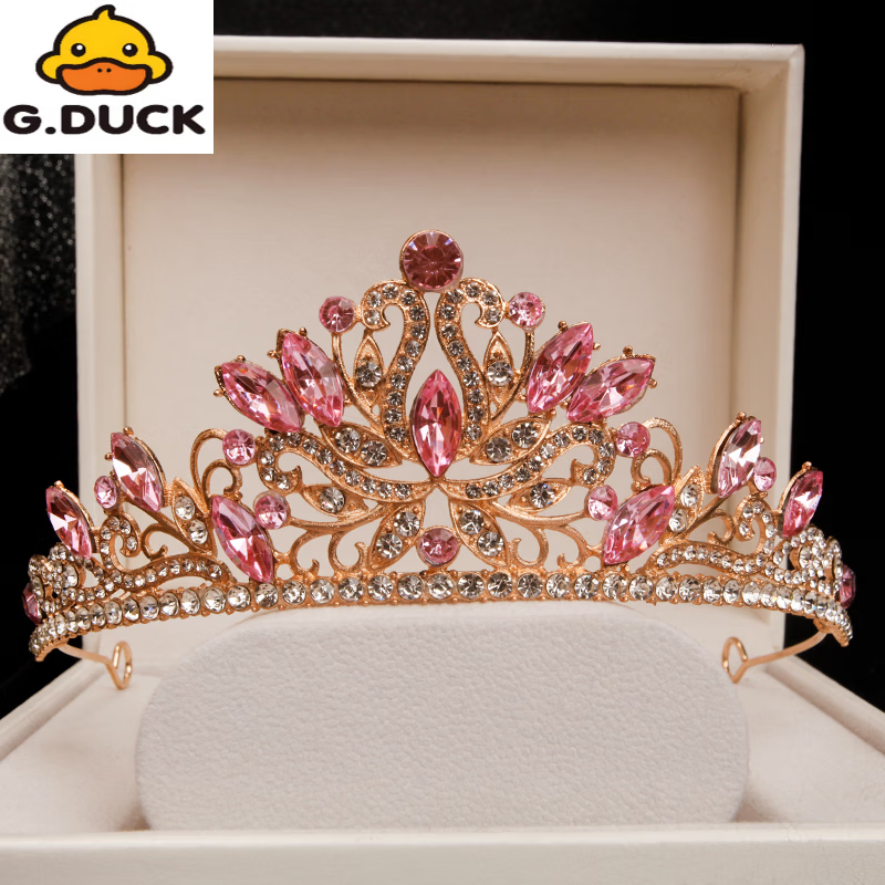 G.duck儿童皇冠女童生日头饰公主高端大气粉色水晶王冠发箍女孩演出发饰 粉色皇冠