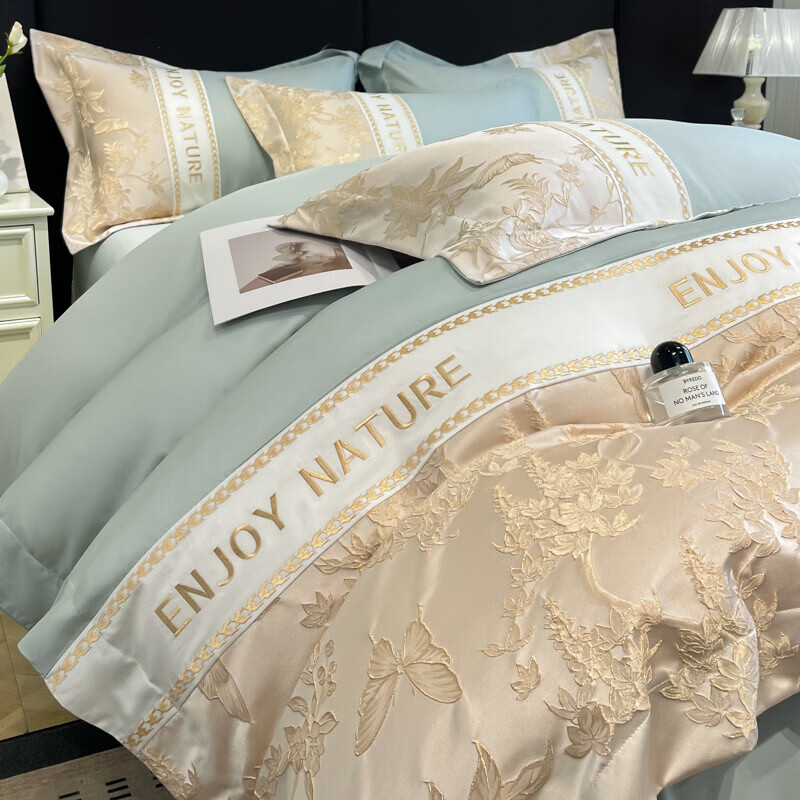 水星家纺四件套长绒棉纯棉亲肤棉浮雕刺绣被套床单床笠款床上用品 盛世年华-繁星蓝 床单款 1.8四件套-被套200x230