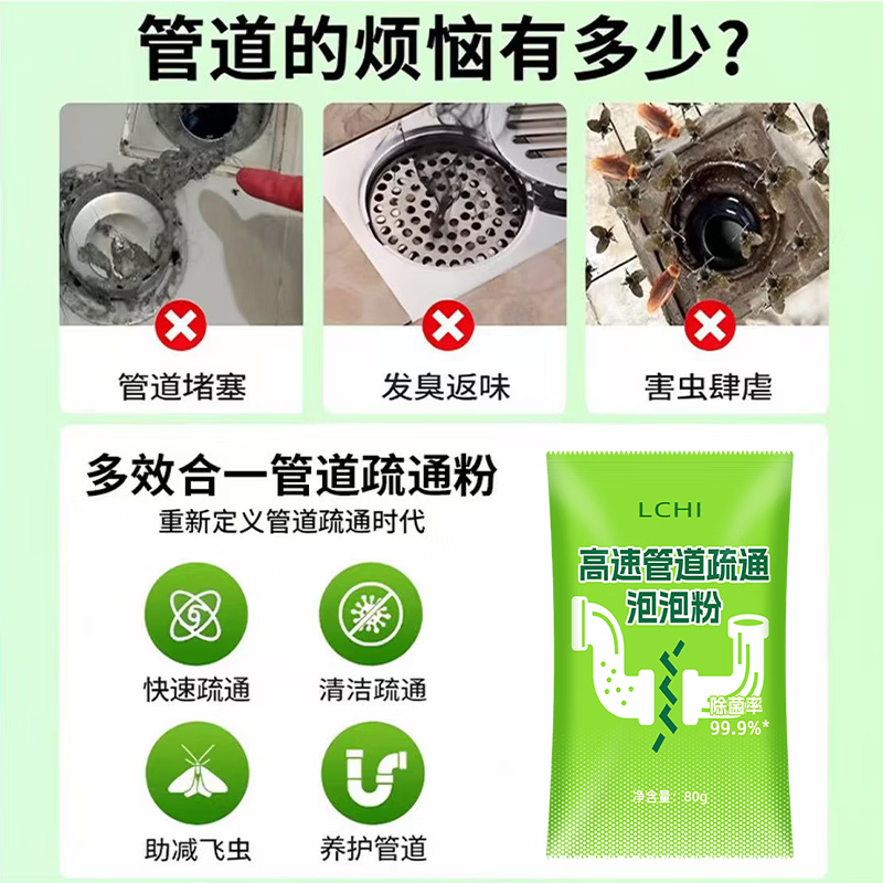 LCHI管道疏通剂强力溶解厨房马桶堵塞下水道防臭祛味 3袋体验装（贵在运费，不推荐）