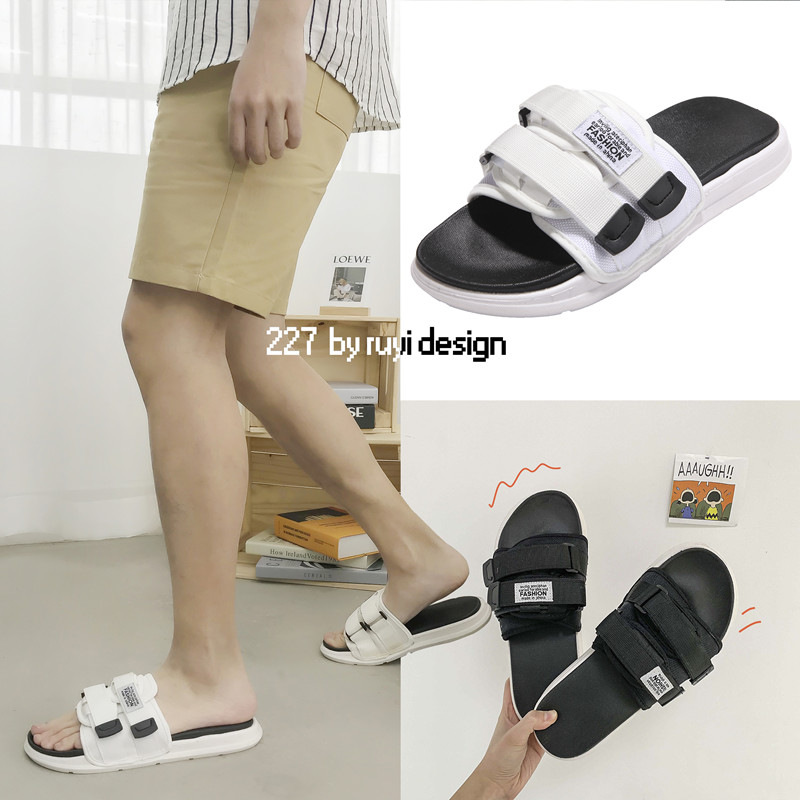 战澈 夏季魔术贴拖鞋男韩版情侣潮流时尚外穿沙滩鞋青年学生个性凉拖 白色 L(适合38-39脚)