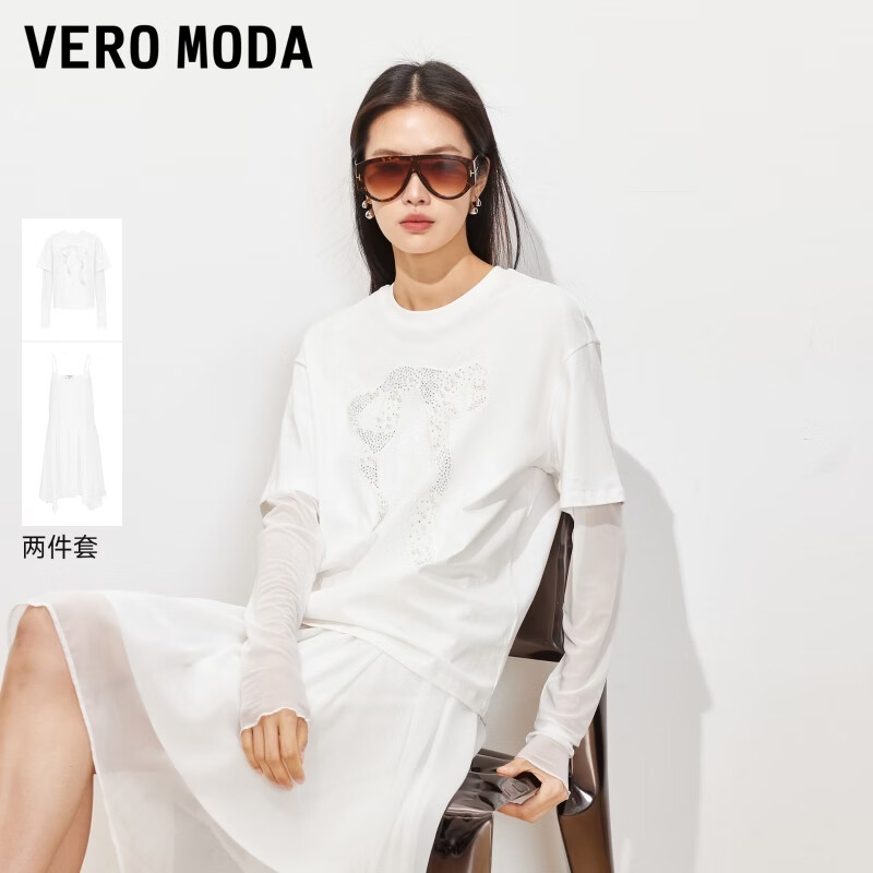 VEROMODA连衣裙2026夏季新款套装拼接纱袖胸前蕾丝钉珠不规则吊带仙女裙 本白 XS