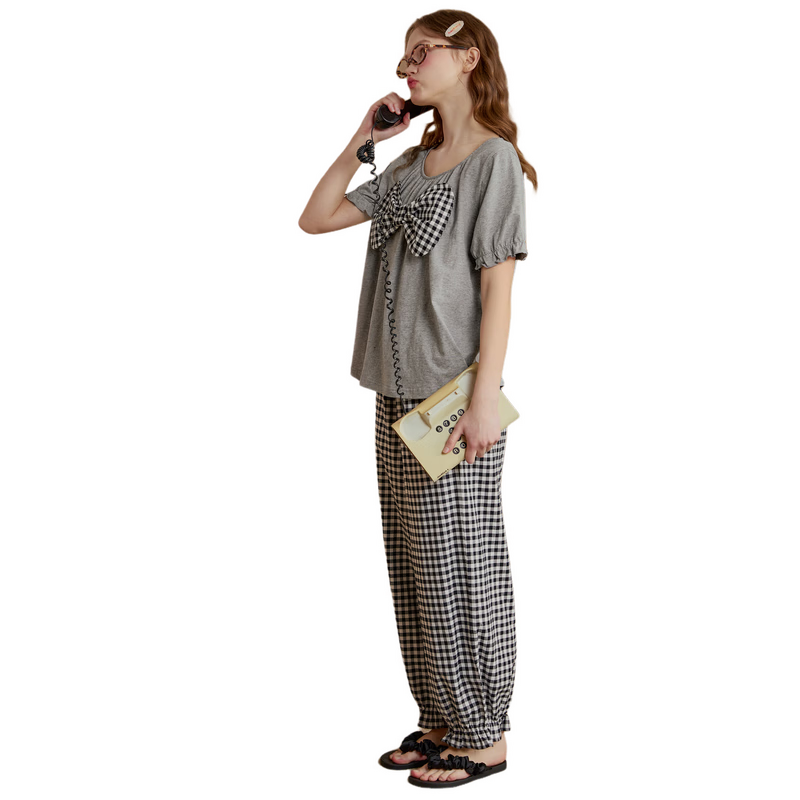 果壳（Gukoo）睡衣女春夏款简约短袖蝴蝶结防凸点格纹长裤女家居服套装可外穿A 淡灰色女套装 M
