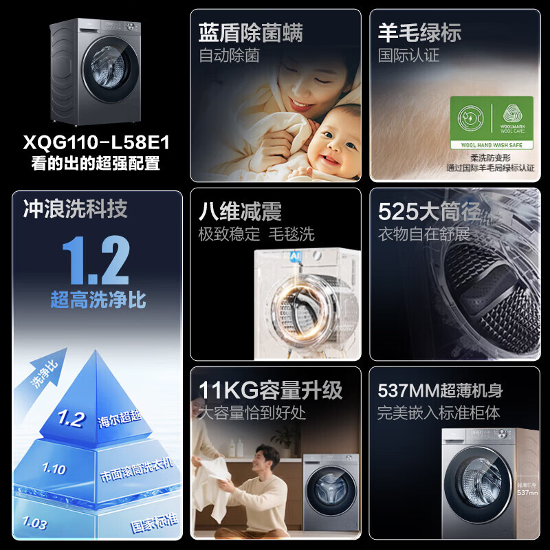 海尔洗衣机滚筒58E1洗脱/洗烘一体11公斤525大桶径冲浪洗一级能效变频全自动蓝盾除菌国家补贴以旧换新 【58E】11kg 滚筒 冲浪洗科技+双除菌+羊毛绿标