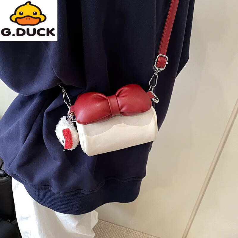 G.duck新款韩版儿童包女童红色蝴蝶结拜年水桶包可爱猫咪女孩公主斜挎包 白色