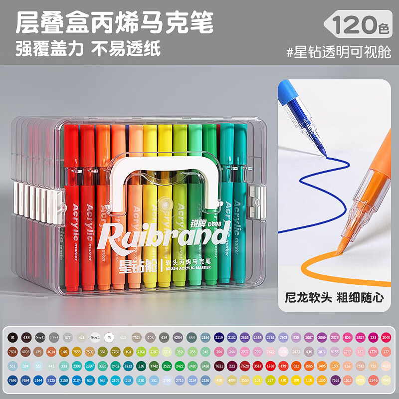 语季星钻舱丙烯马克笔软头水彩笔儿童可水洗小学生美术专用涂鸦水彩笔不透色画画笔48色绘画24色彩笔 新升级【星钻可视舱】120色/软头大墨量