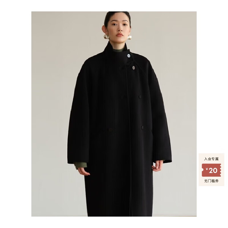 旅途原品ltyp 100%澳洲进口高支羊毛长款双面呢大衣女春高领外套 经典黑 -100%澳洲进口羊毛-长版 L -XL