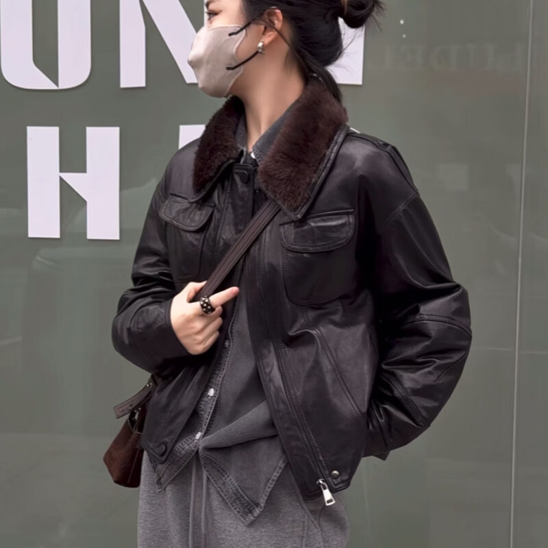 MODX2026海宁新秋冬真皮鹅绒服感小个子绵羊皮短皮衣时尚外套 咖色冷萃拉贡毛 S