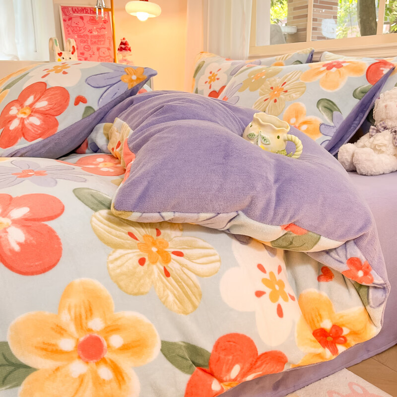 雅鹿冬季亲肤透气牛奶绒印花四件套 绚烂 1.8m四件套 床笠款 （被套200*230cm）