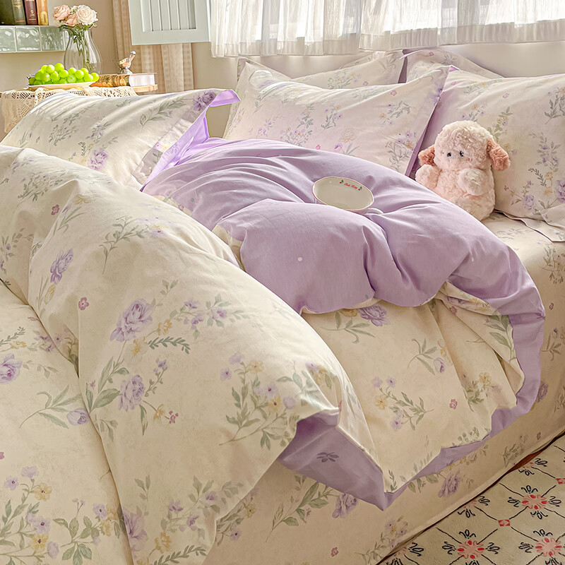 无印良品简约全棉床上四件套纯棉2026新款亲肤裸睡家用床单被套床品三件套 芜晴花紫【全棉面料 亲肤舒适】 1.8m 床单款 四件套-被套200x230cm