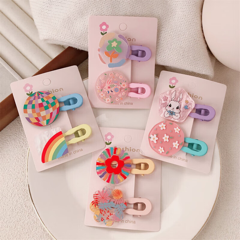 【甄选厂家】韩系儿童奶油糖果色印碎花格纹大号鸭嘴夹女童亲子喷 1 花朵兔子一对