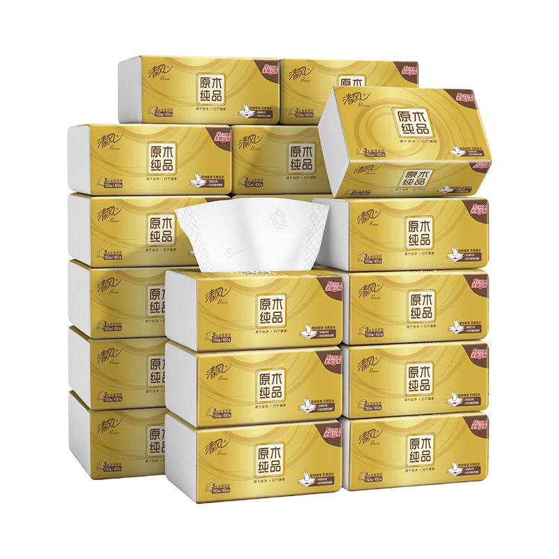 清风抽纸 金装厚韧3层150抽*20包加大M码 纸巾卫生纸 餐巾纸抽 整箱装