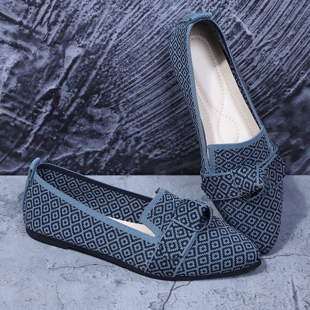 显瘦尖头大码平底单鞋女2025时尚飞织一脚蹬蝴蝶结休闲透气拼色单 黄叶花 36