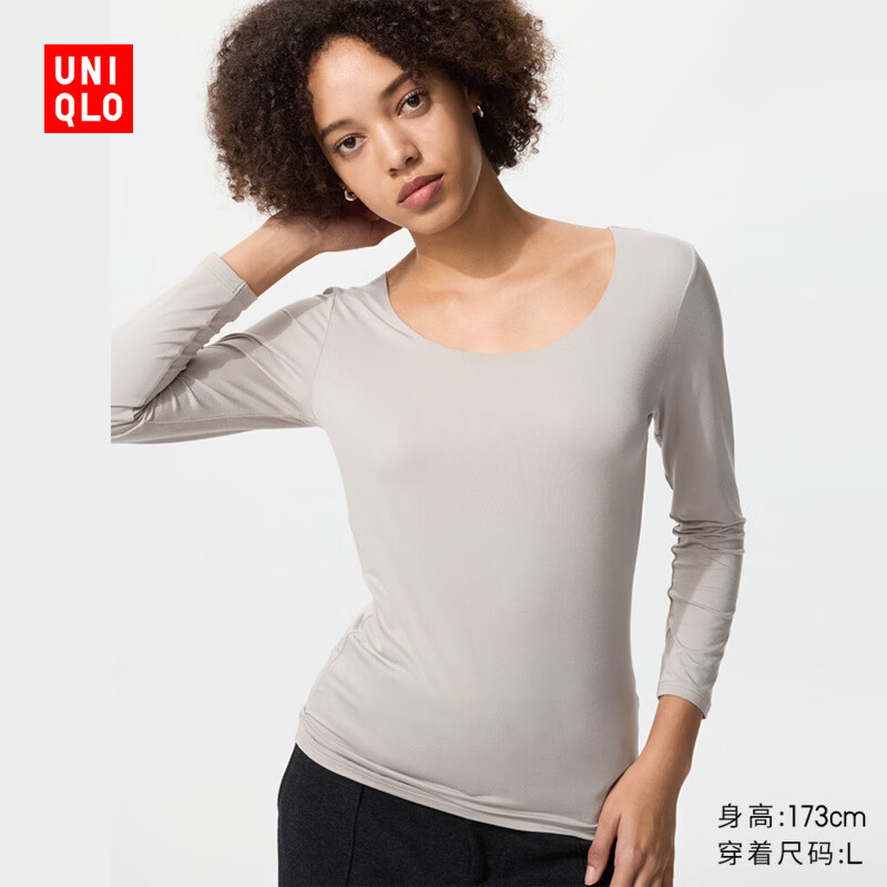 优衣库女装HEATTECH U领T恤/8分袖保暖衣内衣478934 478936 478934/02浅灰色 M