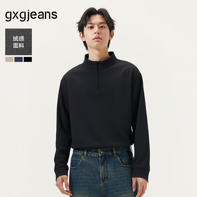 gxgjeans男装 多色基础打底宽松半开襟长袖T恤男士 25年秋新品 黑色 2XL (185)
