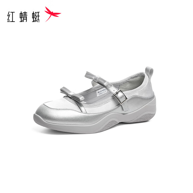 红蜻蜓运动玛丽珍鞋新款蝴蝶结女鞋厚底增高芭蕾舞单鞋WLB34261 银色 37