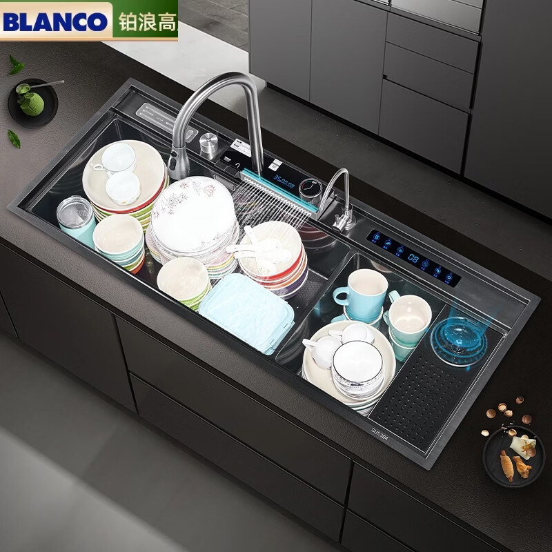 中掌柜德国BLANCO铂浪高智能飞雨大单槽超声波水槽多功能果蔬净化清洗菜 11648超声波+净化双槽/解冻板/盆中盆/不锈钢
