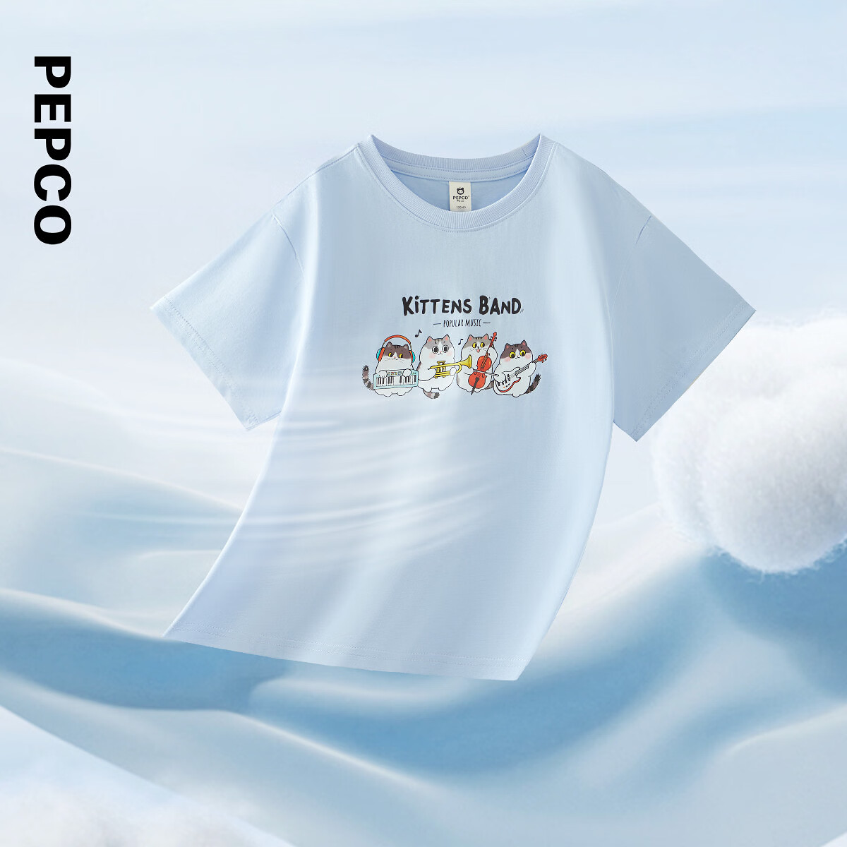 小猪班纳（PEPCO）【7A抗菌】2026夏季新款女童猫咪乐队图案圆领短袖针织衫T恤 粉红 150