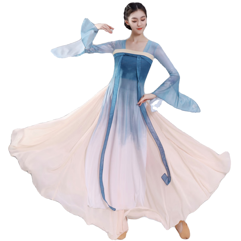 汉服古典舞舞蹈服女身韵纱衣汉唐齐胸飘带古风飘逸 山海蓝单纱衣 S