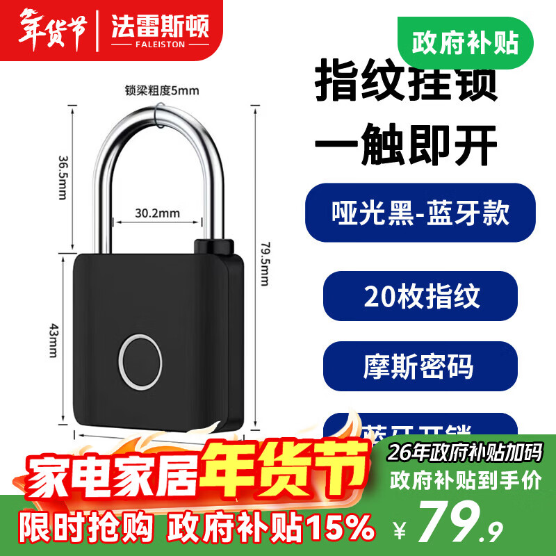 法雷斯顿 FALEISTON智能电子锁指纹挂锁家用小锁头抽屉锁学生寝室宿舍柜门储物防盗锁 哑光黑-蓝牙款